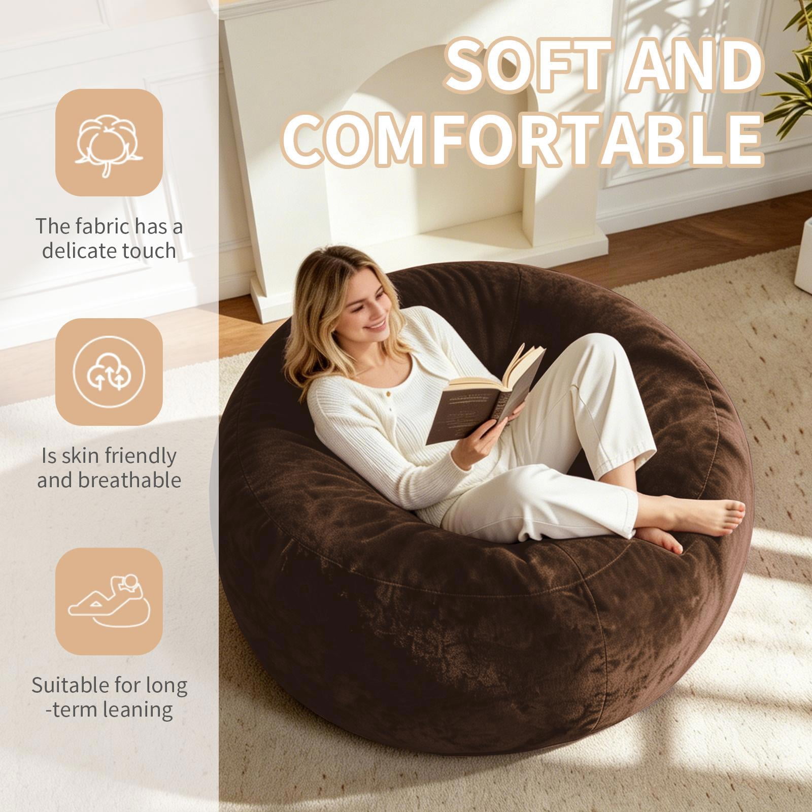Hommoo 4FT Bean Bag Chair, Memory Foam Filling Soft Sofa with Flannel Cover, Round Sofa for Living Room, Bedroom, College Dorm, Coffee