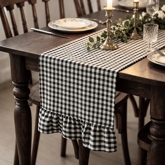 Gingham Plaid Ruffle Farmhouse Table Runner, 13.77" x 47.24" Short Ruffle Runner for Wedding Party Picnic Birthday Holiday, Boho Rustic Dining Decor, Table Decorations for Home Kitchen
