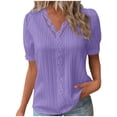 thumbnail image 1 of Blusa elegante lisa de verano con cuello en V y encaje para mujer - Camiseta cómoda de manga corta en color liso, 1 of 5