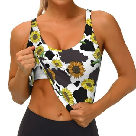 Qokaie Black Cow Sunflowers Pattern Womens Scoop Neck Sports Bra Breathable Workout Vest Padded U Back Medium Impact Fitness Gym Yoga Bra Workout Crop Top