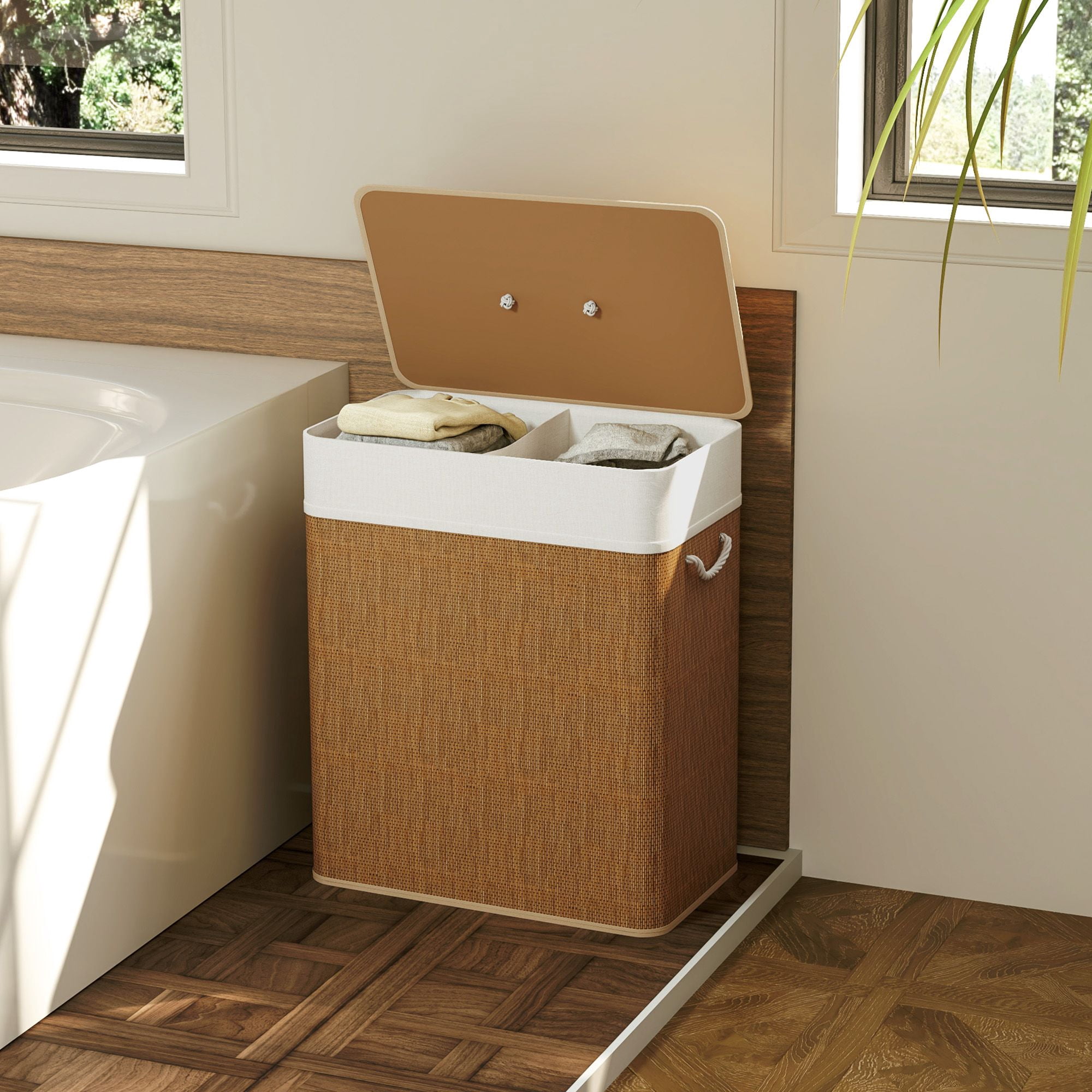 Double Laundry Basket with Lid, 26.4 Gallon Bamboo Laundry Hamper with Rope Handles and Removable Liner, Brown