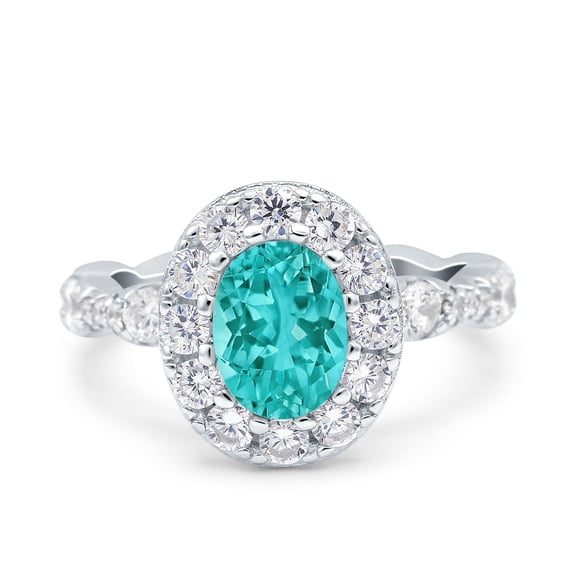 Halo Oval Art Deco Ring Paraiba Tourmaline CZ 925 Sterling Silver Size 5