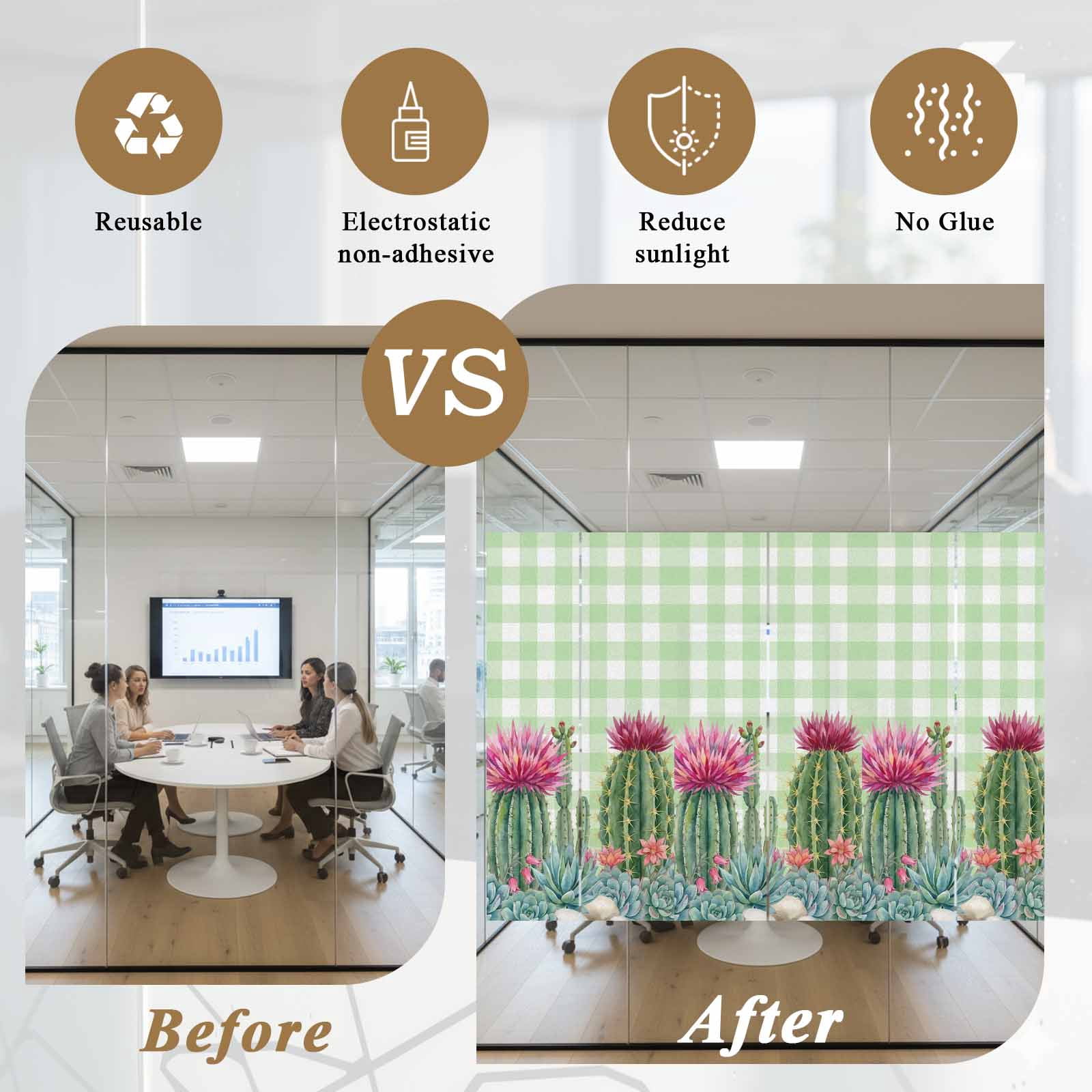 Summer Botanical Window Privacy Film, Tropical Saguaro Opuntia Cactus Green Stripes Frosted Glass Window Clings Static Cling UV Heat Blocking Reusable Door Sticker for Bathroom 23.6 x 59 Inch