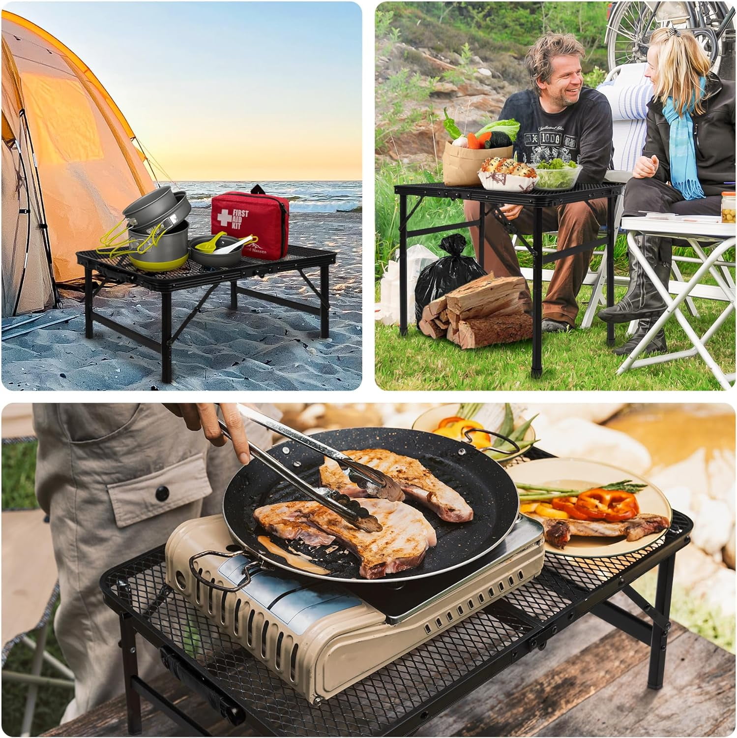 Tiagowell Lightweight Folding Grill Table with Mesh Desktop, Camping Table Folding Portable Camp Aluminum ,Picnic, Backyard, BBQ, Patio, Black