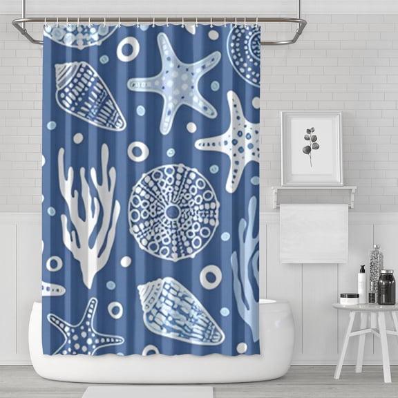 Summer Beach Starfish Seashell Shower Curtain 72x72in with Hooks, Quick-Dry Polyester Nautical Decor for Coastal Sea-Inspired Bathrooms