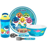 5-Piece Dinnerware Set, Baby Shark - Durable Plastic & Stainless Steel - Includes Water Bottle, 8-Inch Plate, 6-Inch Bowl, Fork & Spoon - Suitable for Kids Ages 3+