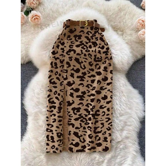 Womens Apricot Leopard Print Corduroy Pencil Skirt With Belt And Front Slit