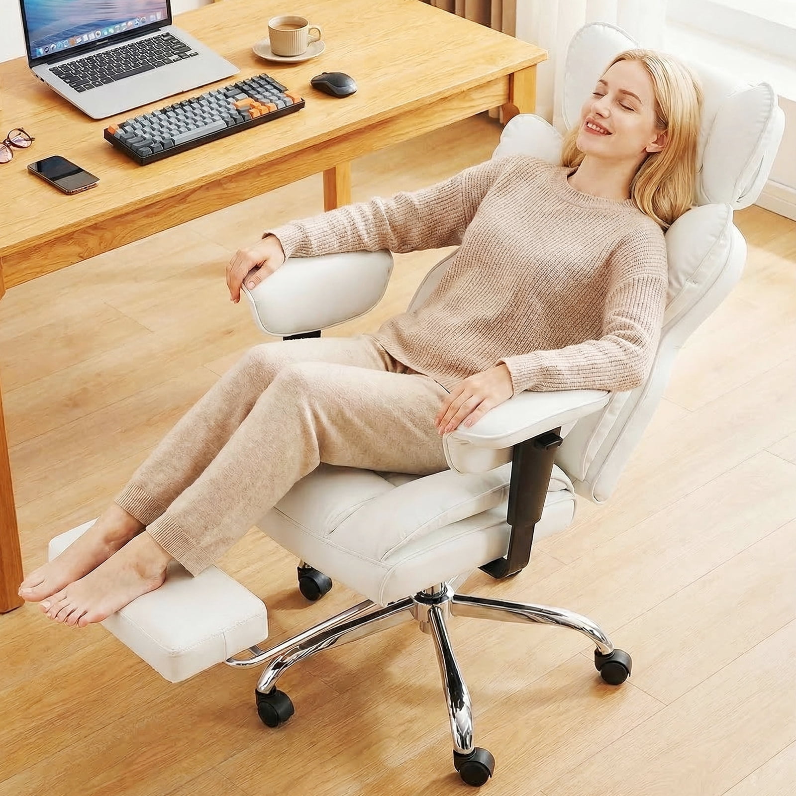 CONCETTA Ergonomic Office Chair 400LBS for Big & Tall, Heavy Duty Desk Chair with Reclining Back, Footrest, Luxurious PU Leather, Beige