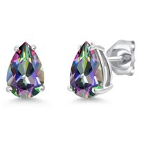 Gem Stone King 14K White Gold Green Mystic Topaz Double Notch Stud Earrings | 2.49 Cttw | Gemstone November Birthstone | Pear Shape 8X6MM | Gold Earrings for Women Men
