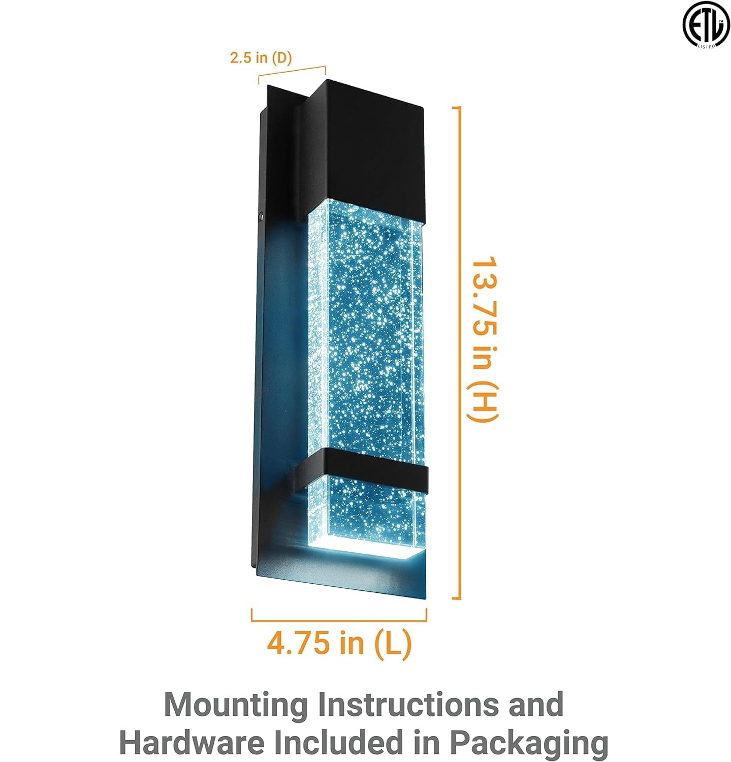 Diodesy- Pack of 2 LFX/INN/WS/5?/9W/50K/BK/SEEDY Modern Seeded Bubble Crystal Glass Outdoor/Indoor Wall Sconce, Textured Black, 9W, 5000K Bright White, 5 Inch Rain Glass Panel for Patio, Porch,Balcony