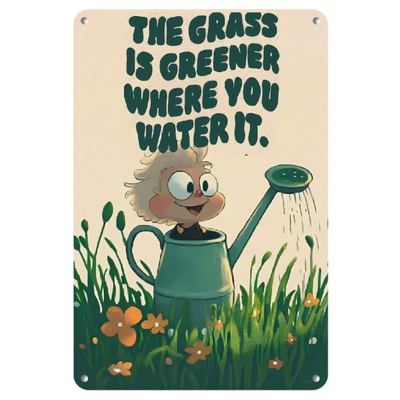 1pc "The Grass Is Greener Where You Water It" Inspirational Metal Sign - Vintage 70s Style, Frameless Sign with Cheerful Watering Can Illustration for Living Room, Bedroom, Home Office Decor