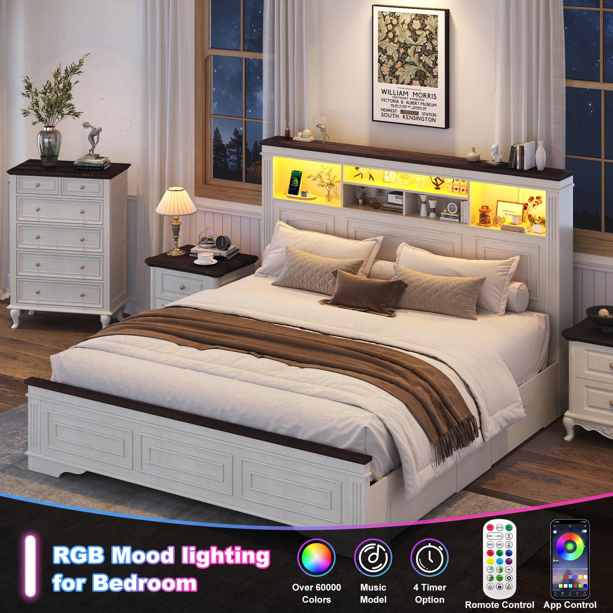 ANPOO Farmhouse King Size Bed Frame with 51" Tall Headboard & 4 Drawers, King Bed Frame and Headboard with LED Lights & Charging Ports, No Box Spring Needed, Wooden, Antique White