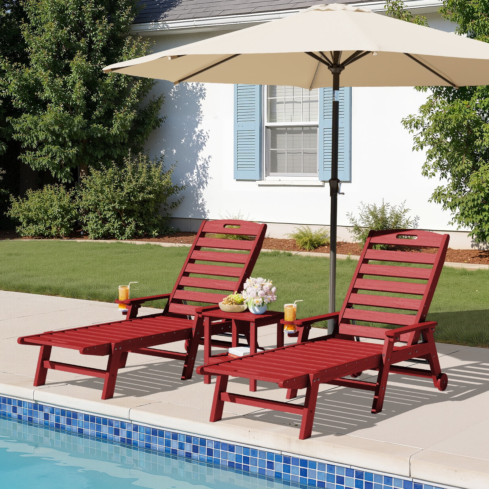 LOYALICE Adjustable Wheeled HDPE Plastic Outdoor Patio Lounge Chair W/ Cup Holder,78.3"x25.1"x16.3", Dark Red