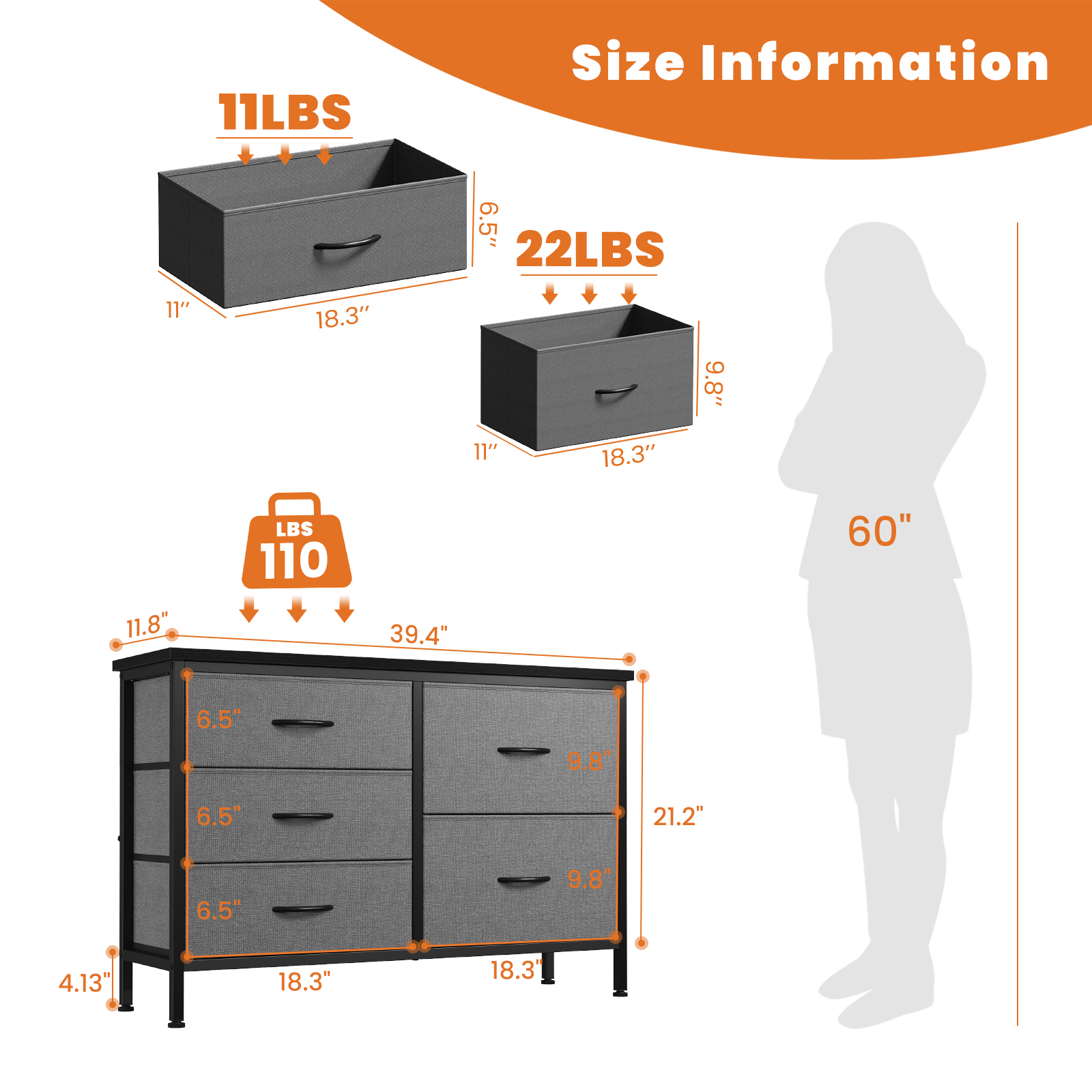 JIOABL 5-Drawer Dresser with Drawer Organizers for Bedroom, Living Room, or Closet, Gray