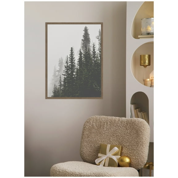 Kate and Laurel Framed Canvas Wall Art Print 'Tree Top Mountains' by Alicia Abla, 18 x 24 Sylvie Walnut Frame, Rustic Farmhouse, Landscape Art for Wall Decor