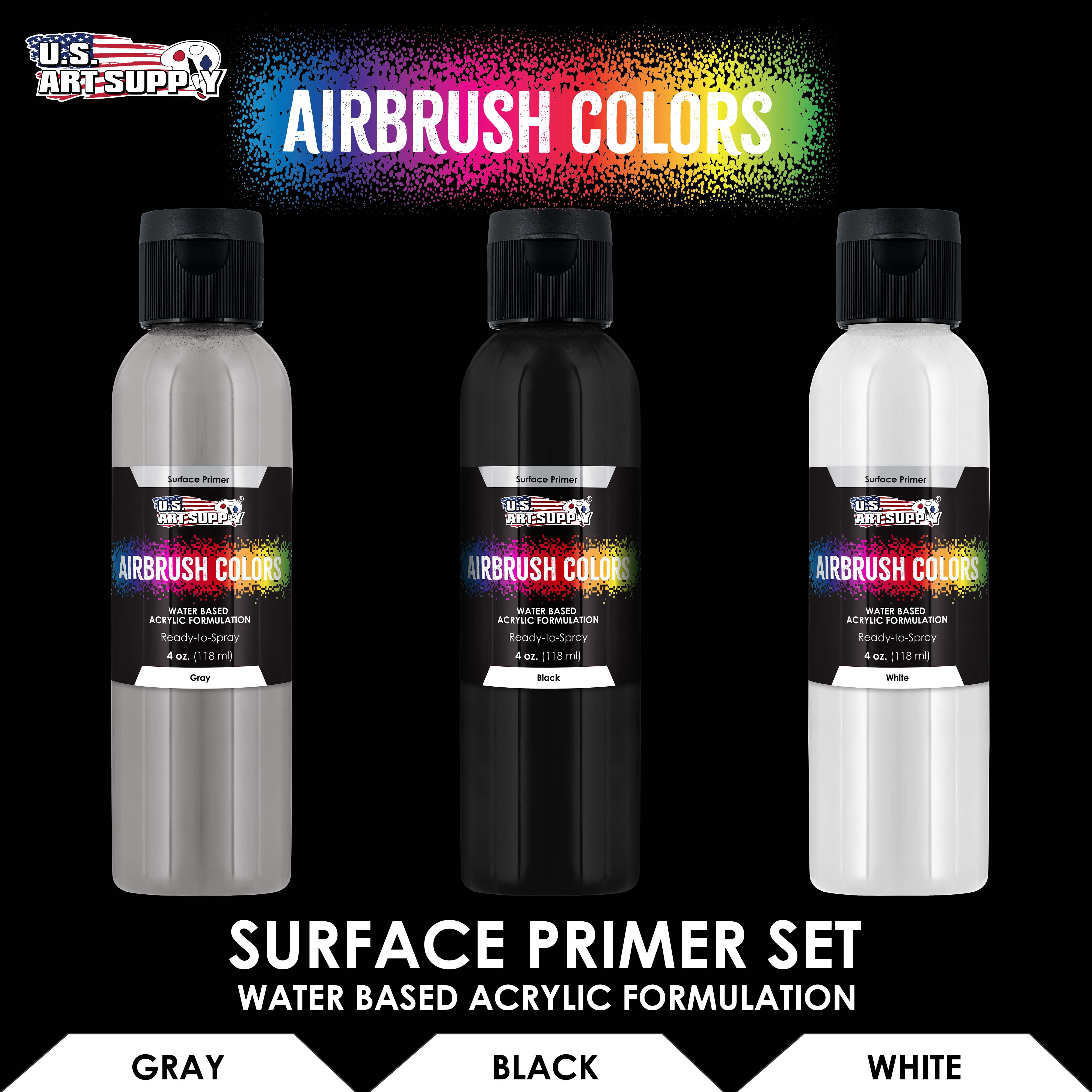 U.S Art Supply Black, White, Gray Surface Primer Airbrush Paint, 3 Color Set, 4 oz - Ready-To-Spray, Water-Based Acrylic Polyurethane - Artist Priming, Plastic, Metal, Canvas, Wood, Hobby Models Craft