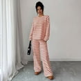 thumbnail image 2 of Domzest Womens 2 Piece Sets Crew Neck Long Sleeve Striped Blouse Matching Elastic High WaistWide Leg Pants Casual Spring Fall Outfits Red M, 2 of 6