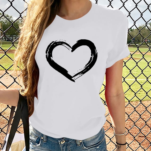 EGNMCR T-Shirts pour Femmes Femmes Manches Courtes Col Rond Imprimé en Forme de Cœur Hauts Décontractés Blouse T-shirt