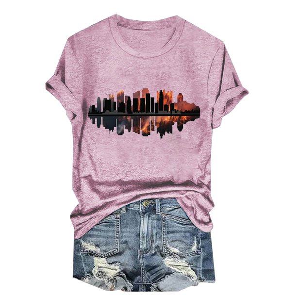 Camisetas de Manga Corta para las Mujeres de Moda Imprimir Cuello Redondo Camiseta, Mezcla de Poliéster Ligero para Primavera Verano Otoño