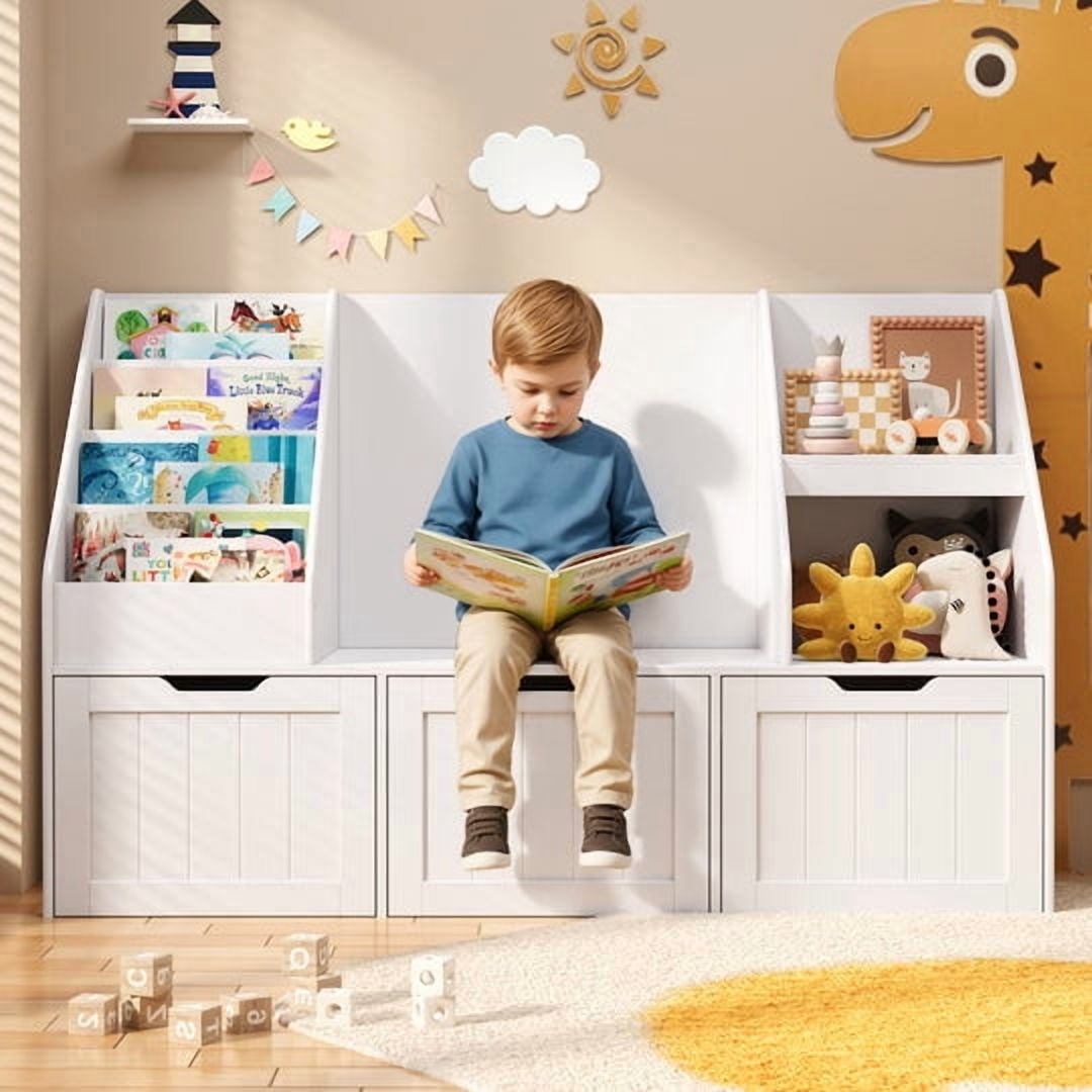 Aiho 48"Kids Bookshelf, Toy Storage Organizer with 3 Drawers on wheels & 4-Tier Book Racks, Toy Storage Organizer for Playroom Bedroom - White
