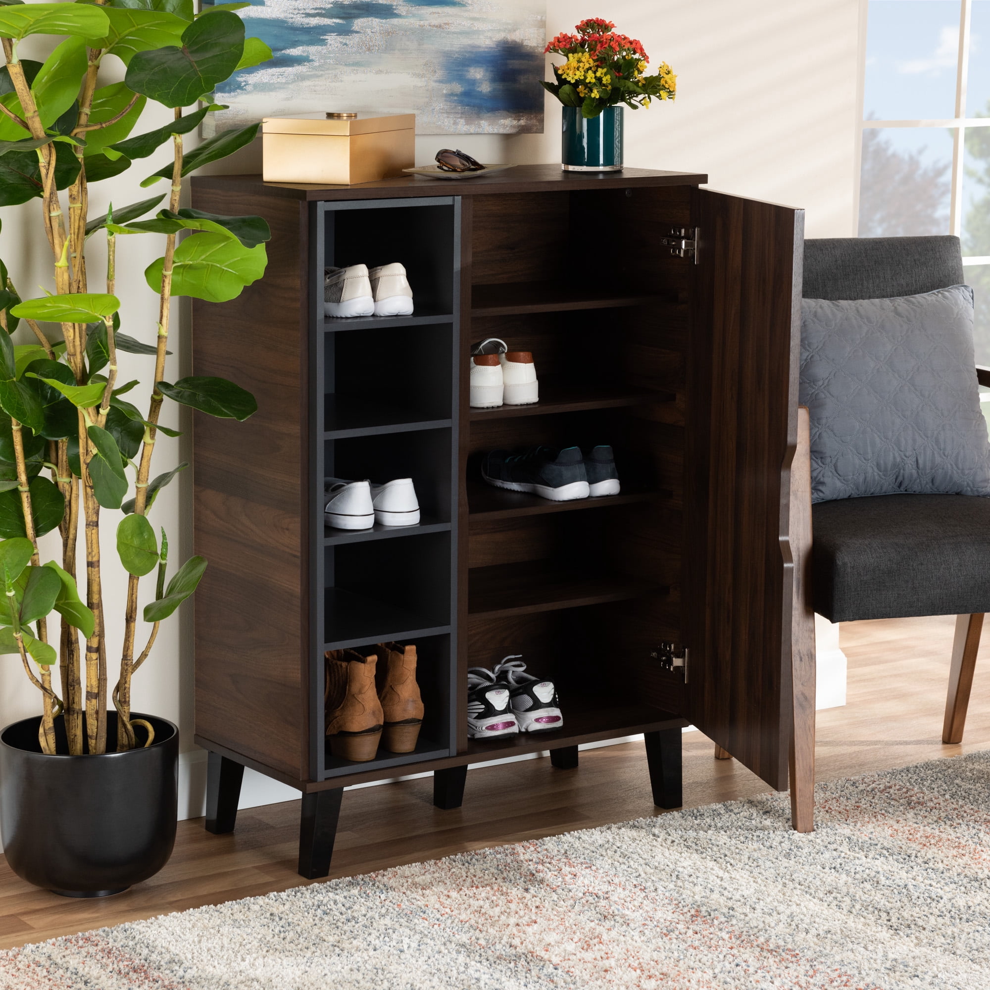 Baxton Studio Idina Mid-Century Modern Two-Tone Walnut Brown and Grey Finished Wood 1-Door Shoe Cabinet