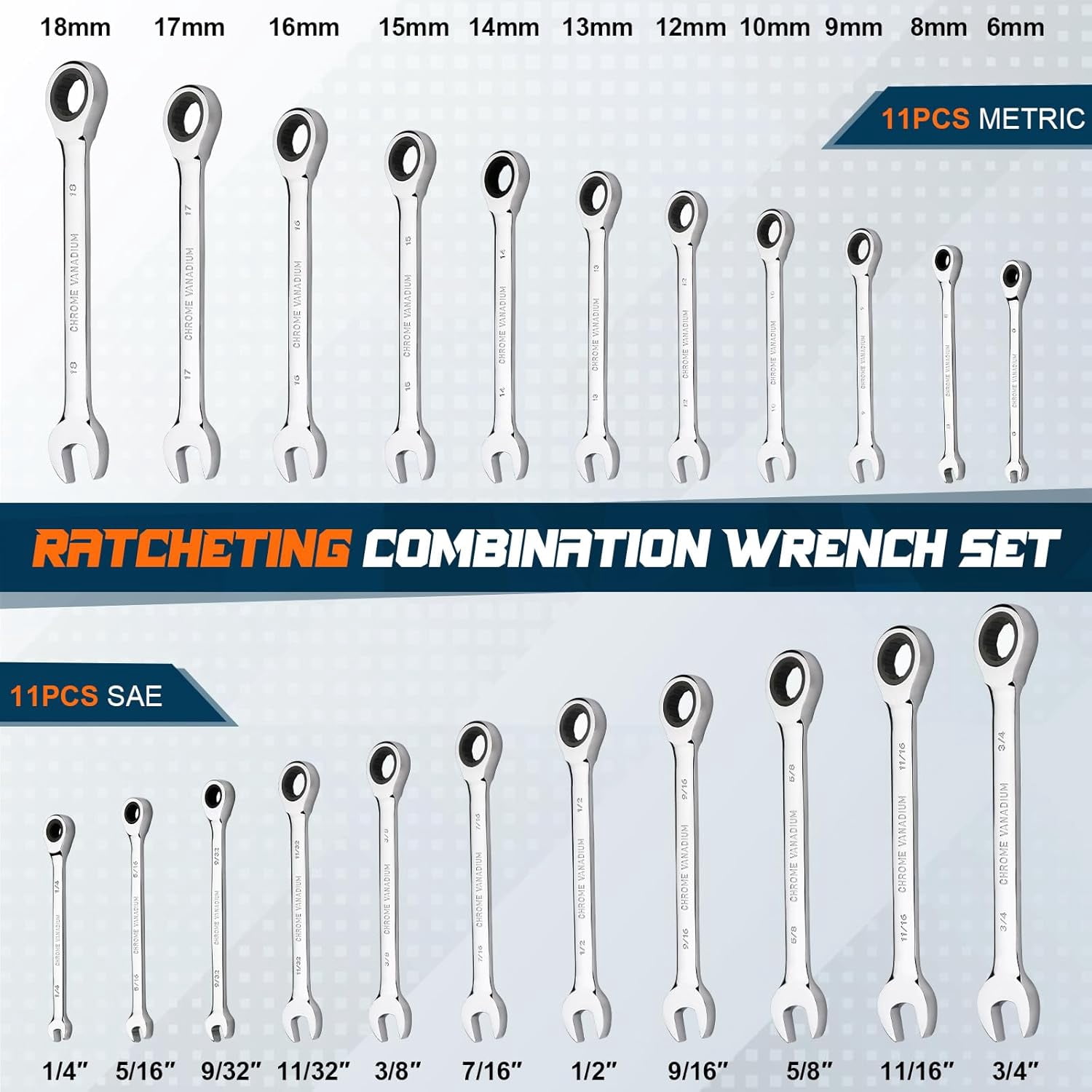 22-piece Ratcheting Combination Wrench Set, 72 Teeth Ratchet Wrench, Metric 6-18mm & SAE 1/4-3/4", Cr-V Constructed, with Organization Canvas Bag