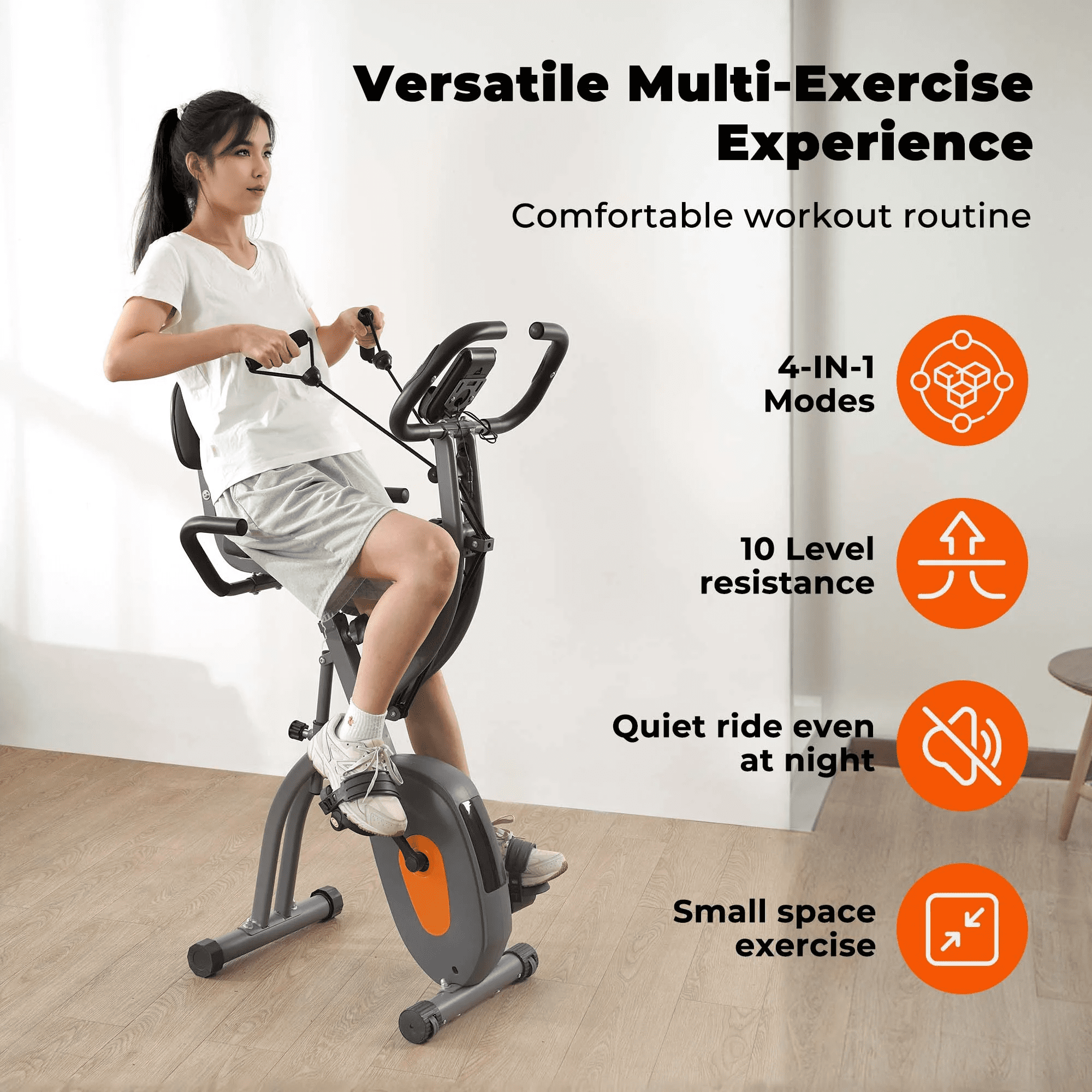 Naipo Folding Exercise Bike 4 in 1 Magnetic Stationary Recumbent Bike 10 Level Resistance for Home Use with Arm Resistance Bands