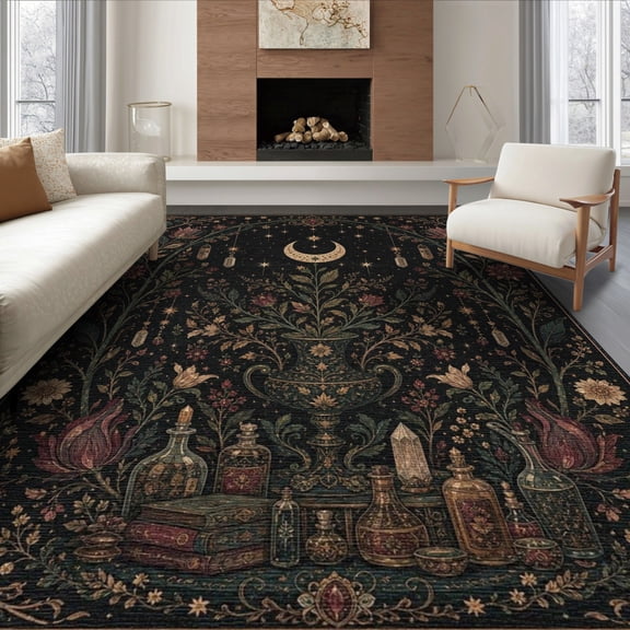 ODIKA 8'x10' Washable Area Rug Dark Floral Moonlit Garden Design Intricate Celestial and Botanical Motifs for Dining Room, Large Office, Lounge, Non-Slip Chair-Friendly Mat