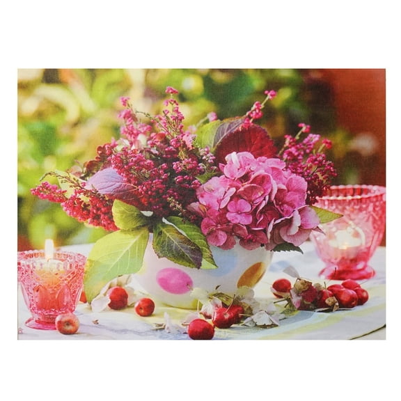Northlight LED Lighted Candles and Pink Floral Arrangement with Berries Canvas Wall Art - 11.75" x