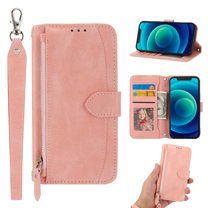 Feishell Premium PU Leather Wallet Phone Case for iPhone 14 Plus with Wrist Strap,for Women Men,Magnetic Clasp Flip Kickstand Card Pocket Anti-Scratch Zipper Pocket Protective Cover,Pink