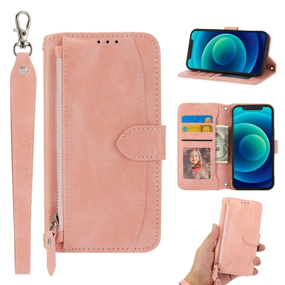 Nalacover for Google Pixel 7 Pro 6.7 inch Wallet Case,Shockproof Premium PU Leather Magnetic Closure Zipper Flip Kickstand Card Slots Anti-Scratch with Detachable Wrist Strap Phone Cover.Pink