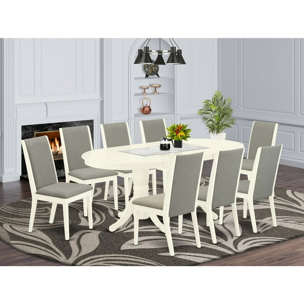 East West Furniture Vala9 Lwh 06 9 Piece Kitchen Table Set 8 Person Dining Chairs And Erfly Leaf Oval Hardwood Structure High Back Linen White Finish Com East West Furniture Vala9 Lwh 06 9, Oval Kitchen Table For 8