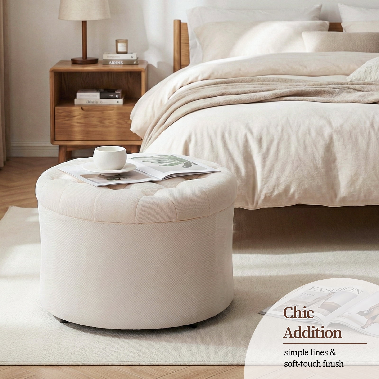 Dovov 25" Tufted Round Ottoman with Storage, Large Storage Ottoman Footrest Flip Top Foot Stool, 220lbs Capacity, Beige
