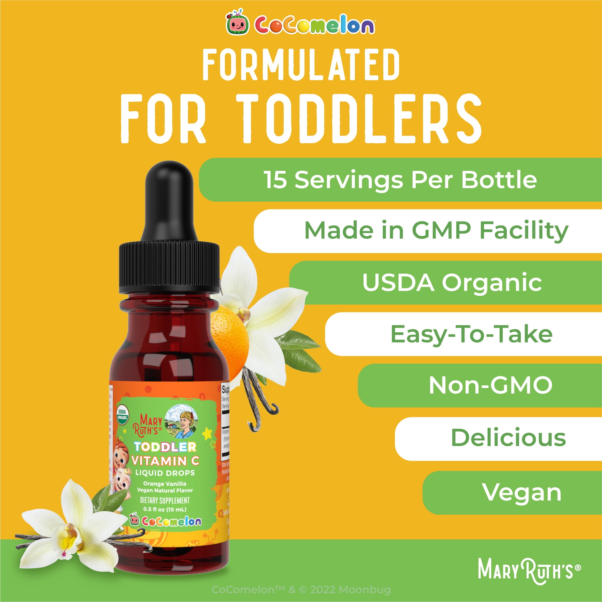 MaryRuth Cocomelon Toddler Vitamin C Liquid Drops Immune Support Orange Vanilla Flavor Ages 1-3, 0.5 fl oz 15 mL