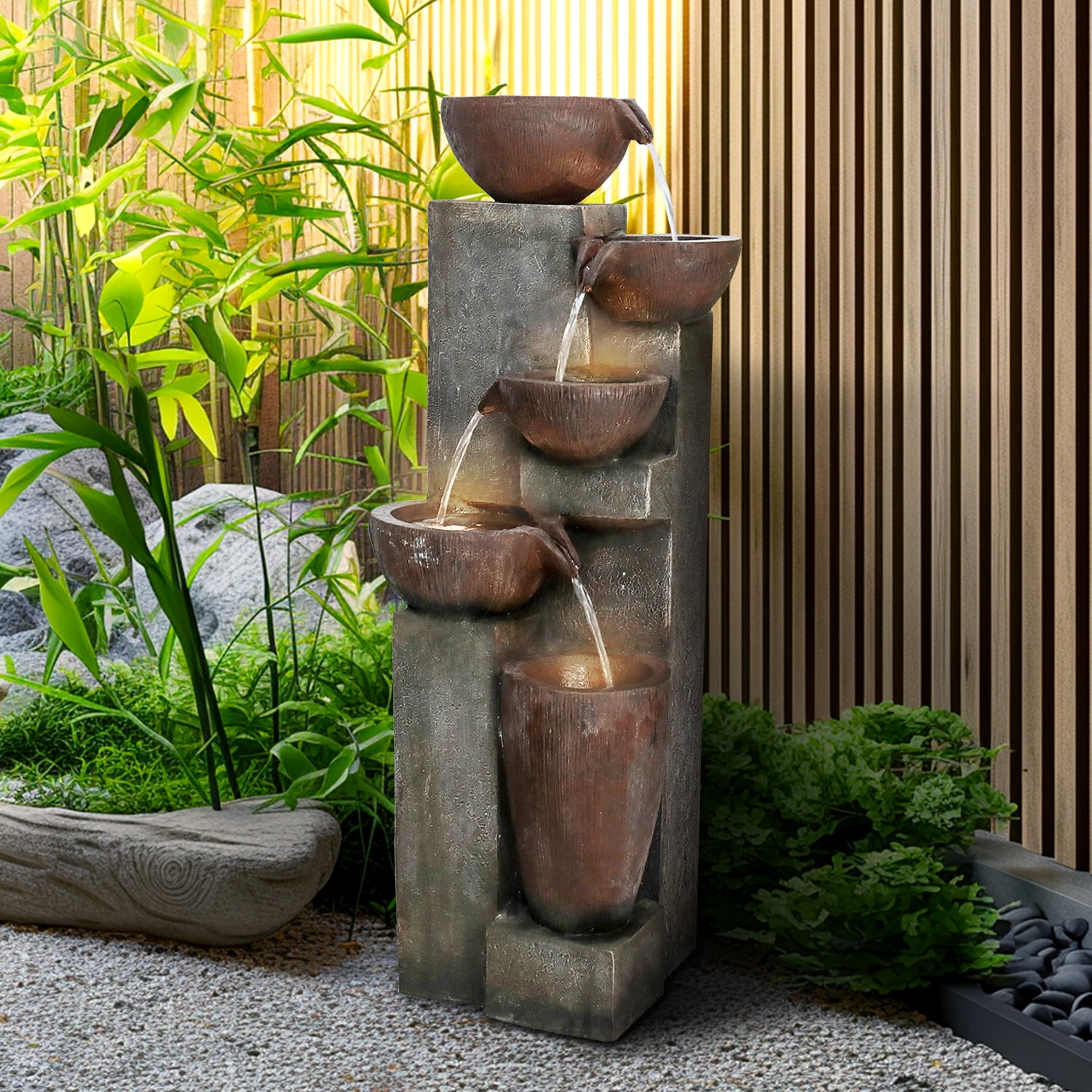 39.7”Outdoor Fountains and Waterfalls 5-tier Floor-Standing Water Fountain with LED Lights for Garden, Office,House, Patio, Backyard, and Home Art Decor