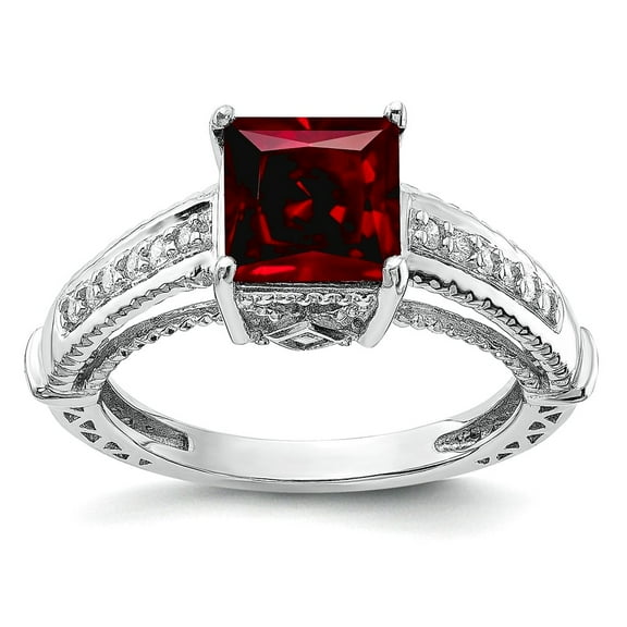 925 Sterling Silver Textured Polished Simulated Ruby and Cubic Zirconia Ring Size 7 2mm Wide Ring for Women