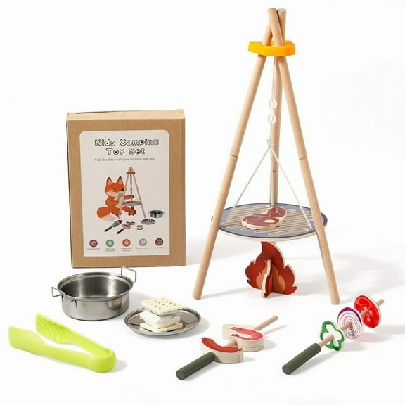 Wooden Kids Camping & BBQ Toy Set, Pretend Play Grill Playset with Campfire, Food Skewers & Cookware, Montessori Educational Role-Play Toy for Toddlers Boys Girls