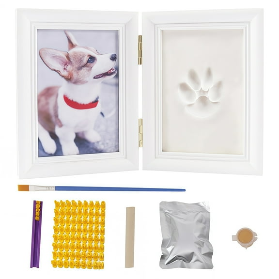 Furever Memorial Paw Print Keepsake Frame – Double Hinged White Wooden Frame with Air-Dry Clay for Dogs and Cats