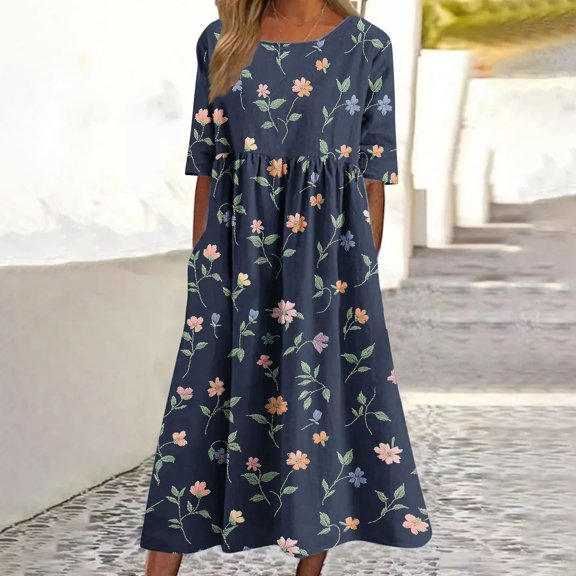 Uscallm Women Summer Plus Size Round Neck Short Sleeve Embroidery Boho Floral Flowy Casual Midi Dress Loose Maxi Travel Dresses, Navy M