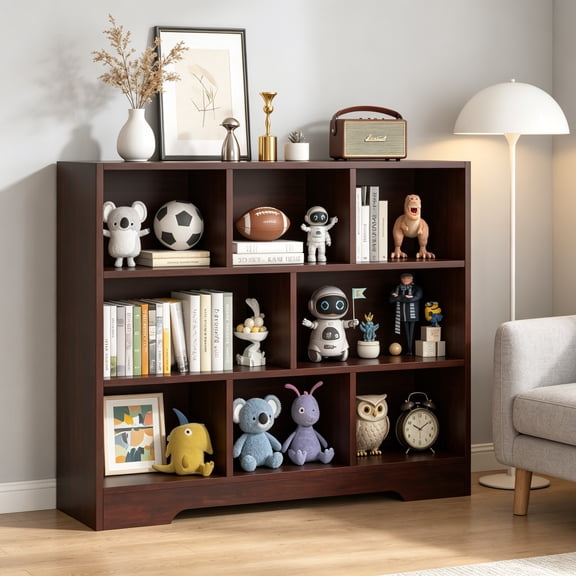 Book Shelf, 8 Cubes Storage Organizer, 3-Tier Open Shelf Wooden Bookcase, Freestanding Cherry Bookshelf Cube Shelf for Bedroom, Living Room, Home Office