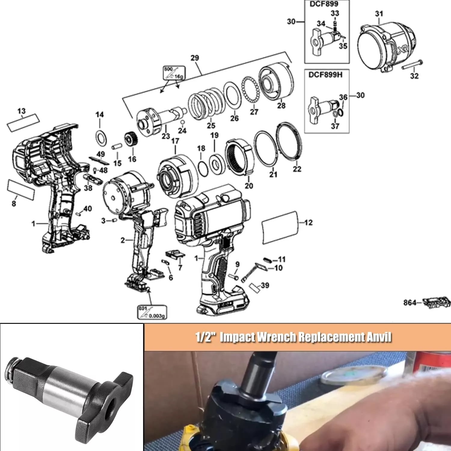 For 18V MAX XR 1/2'' Impact Wrench Anvil Assembly DCF899HB