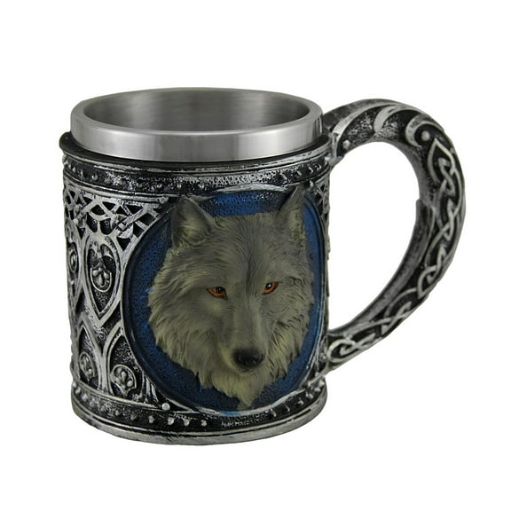 Zeckos Grey Wolf Head Metallic Tribal Finish Mug with Stainless Steel Liner