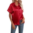 thumbnail image 2 of Gomelly Ladies Shirts Lapel Neck Tops Fashion Satin Silk Shirt Women Loose Office Blouse Button Down Red M, 2 of 4
