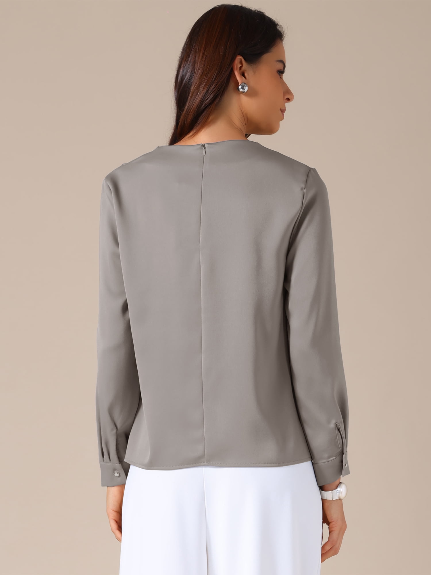 DARING DIVA Women's Business Blouses Long Sleeve Satin Shirts Work Shirt M Grey
