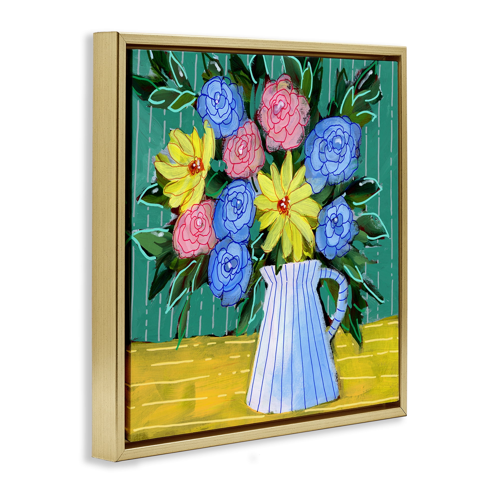 Stupell Industries Bright Pop Bouquet Plants & Flowers Painting Gold Floater Framed Canvas Art Print Wall Art, 18 x 18