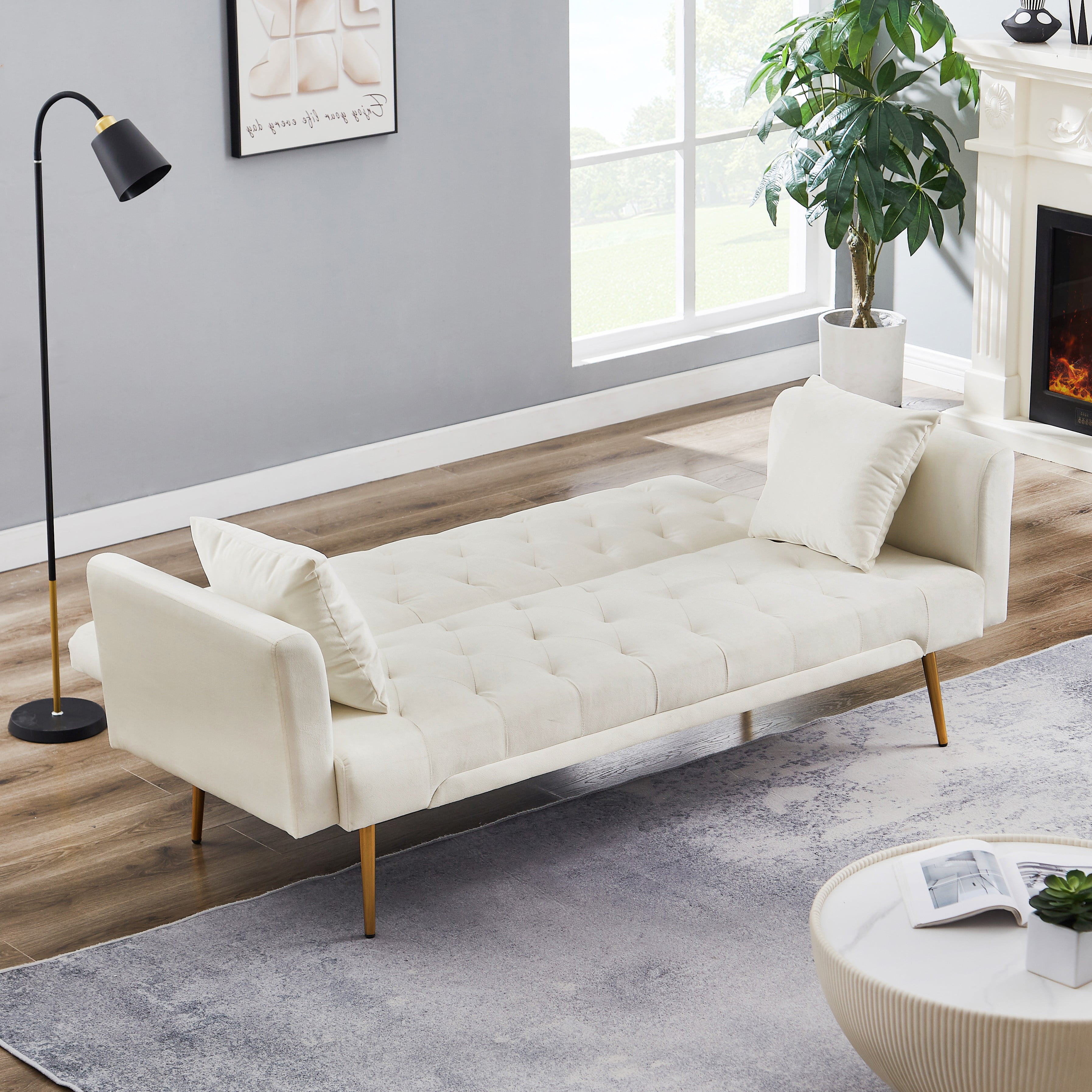 71 Inches Velvet Futon Sofa Bed with 2 Pillows,Modern Convertible Futon Couch with Adjustable Backrest,Beige