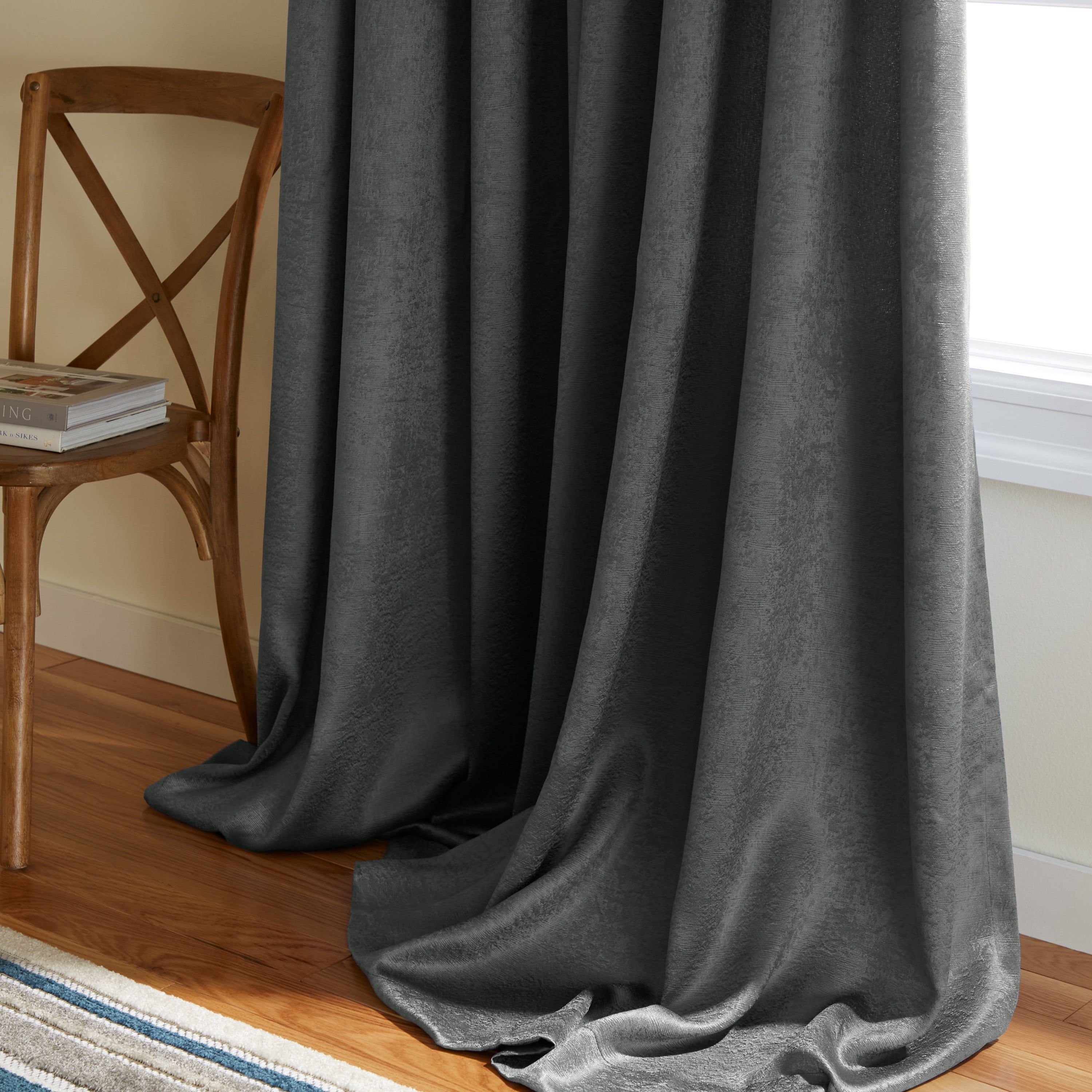 TOWN & COUNTRY EVERYDAY Lustre Solid Heavyweight Textured Sateen Indoor Curtains, Room Darkening Opacity, Grommet Top, Energy Efficient, 2-Pack Set, 52"x84", Charcoal