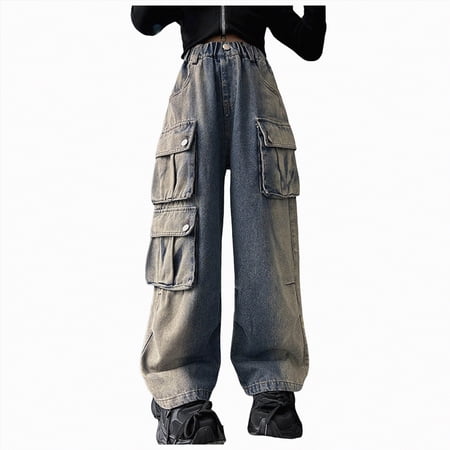 Gubotare Jeans for Girls Wide Leg Girls Casual Straight Leg Baggy Jeans Kids Elastic Waist Loose Denim Pants with Pockets 5T 6T (Blue 5-6 Years)