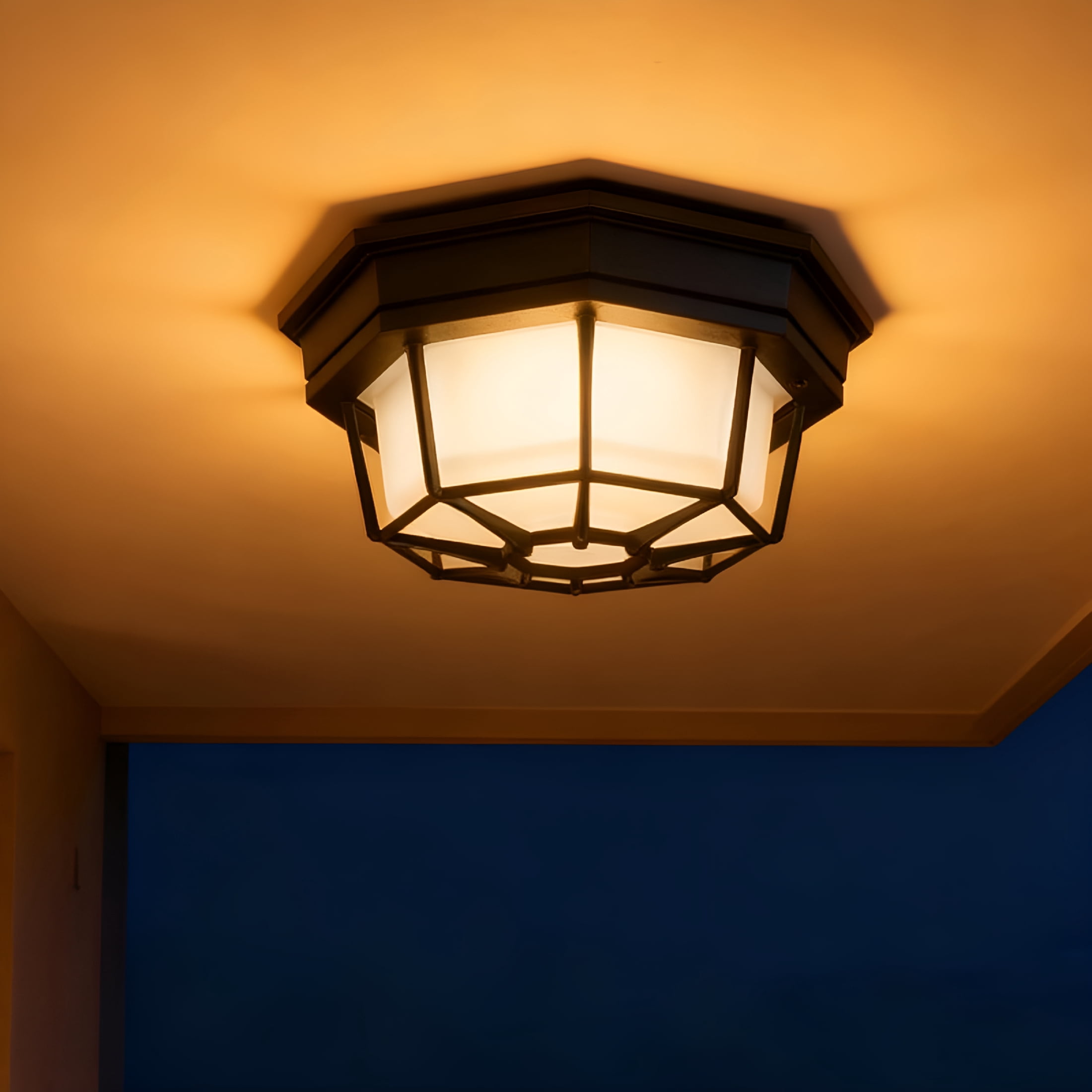 HIBIBUD 8.5” Black Flush Mount Led Ceiling Light 2700K 3000K 3500K 4000K 5000K Octagonal Outdoor Porch Lights Outside Ceiling Light for Patio,Aluminum Alloy and Glass,14W,120V,750Lm-1000Lm