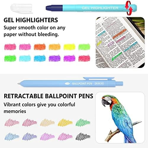Bible Highlighters and Pens, 22 Pack Journaling Kit, 12 Colors Gel Highlighters and 10 Colors Ballpoint Pens with a storage bag, Bible Markers No Bleed Through by Tekola